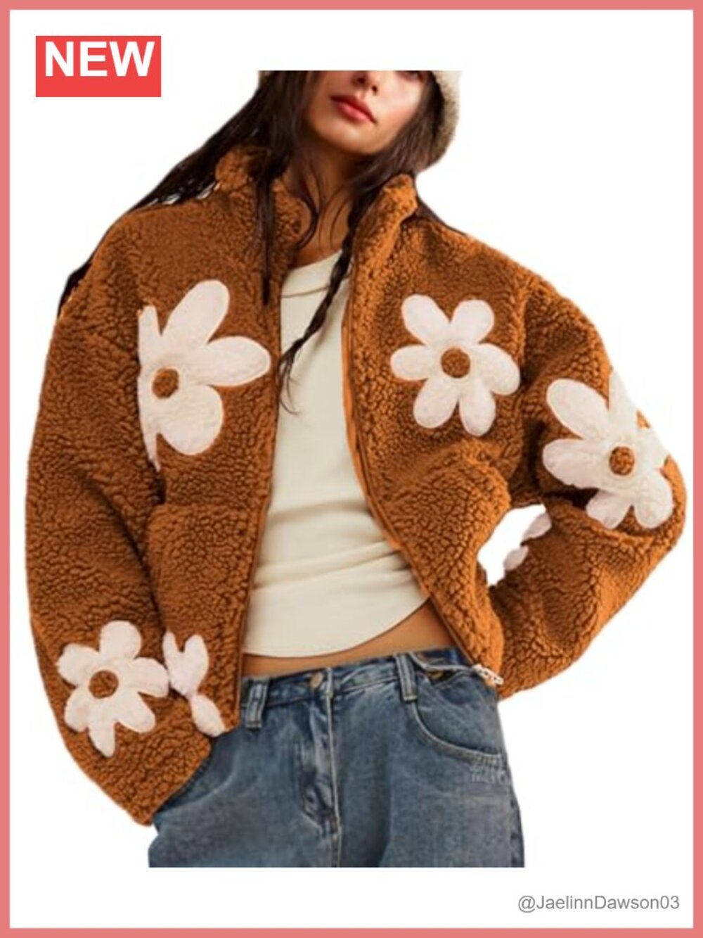 Womens Floral Sherpa Fleece Zip Jacket Fuzzy Teddy Cropped Coat